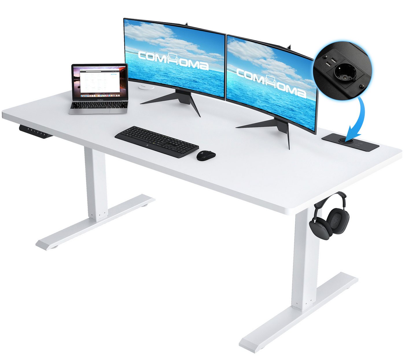 COMHOMA Schreibtisch Höhenverstellbarer Schreibtisch 140x60 cm mit USB-Buchse und Haken (1 Tisch), Verstellbarer Computertisch, Stehpult Stehschreibtisch von COMHOMA