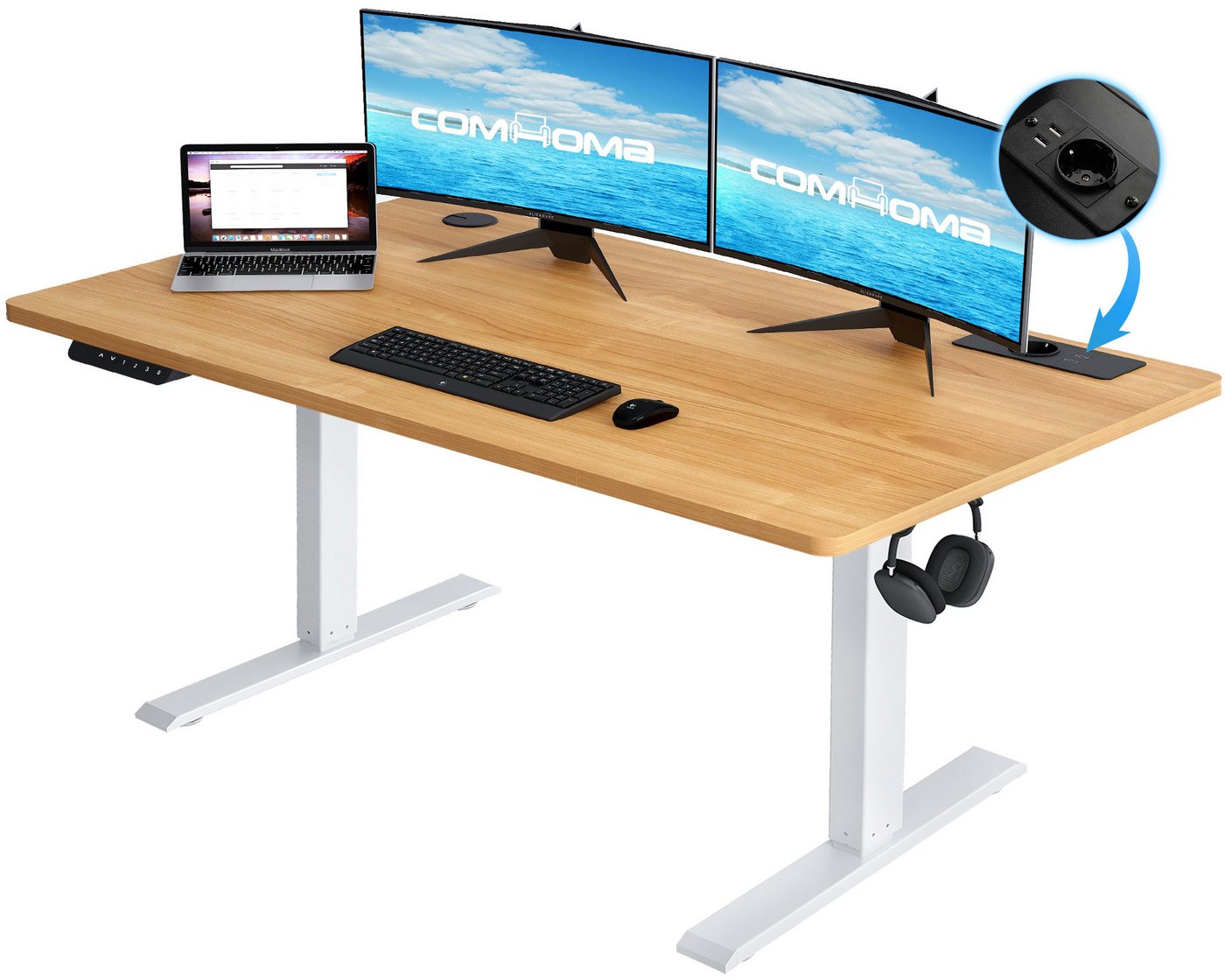 COMHOMA Schreibtisch Höhenverstellbarer Schreibtisch 140x60 cm mit USB-Buchse und Haken (1 Tisch), Verstellbarer Computertisch, Stehpult Stehschreibtisch von COMHOMA