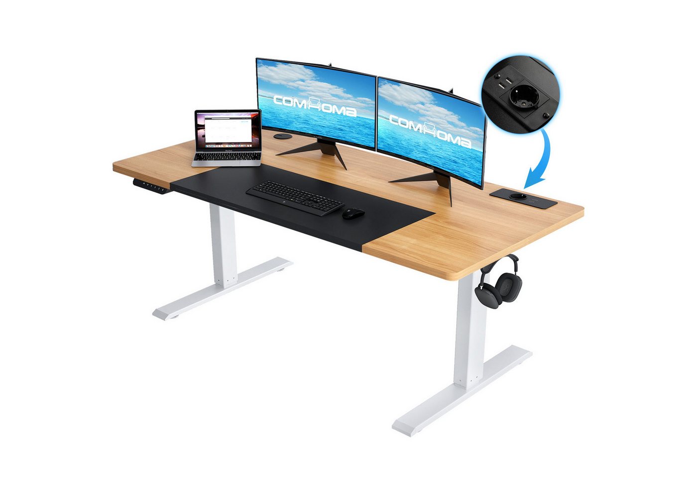 COMHOMA Schreibtisch Höhenverstellbarer Schreibtisch 140x60 cm mit USB-Buchse und Haken (1 Tisch), Verstellbarer Computertisch, Stehpult Stehschreibtisch von COMHOMA