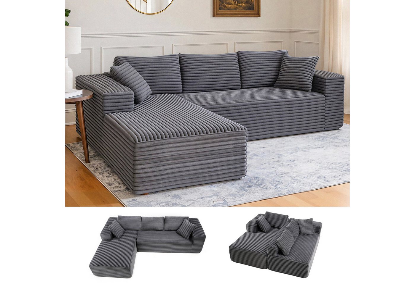 COMHOMA Sofa Big-Sofa, L-förmige Sofa, Couch Ecksofa, Chaiselongue Schlafsofa, mit tiefer Sitzfläche und breiten Armlehnen, Cordstoff von COMHOMA