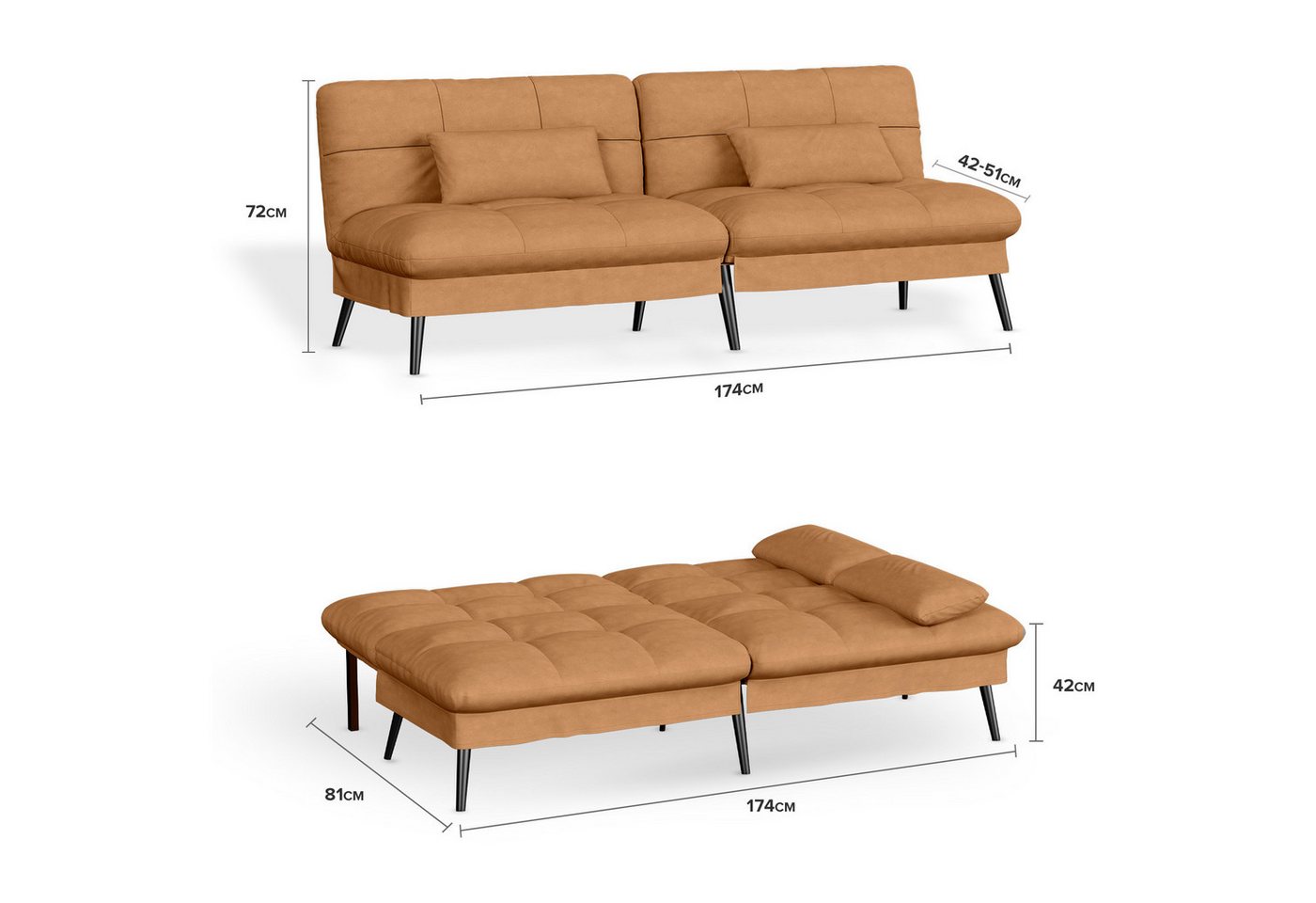 COMHOMA Sofa Schlafsofa mit Schlaffunktion, Bettsofa, Couch Gästebett mit verstellbare Rückenlehne aus Stoff von COMHOMA