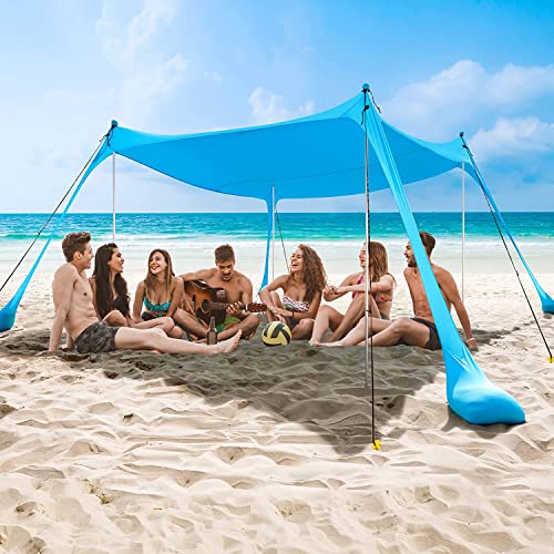 COMMOUDS Sonnenschutz 2,1M x 2,1M, UPF50+ Sonnensegel Strandmuschel Tragbarer Strandzelt mit 4 Aluminiumstangen und Sandsäcken für 4-6 Personen, Einfacher Aufbau für Strand, Angeln von COMMOUDS