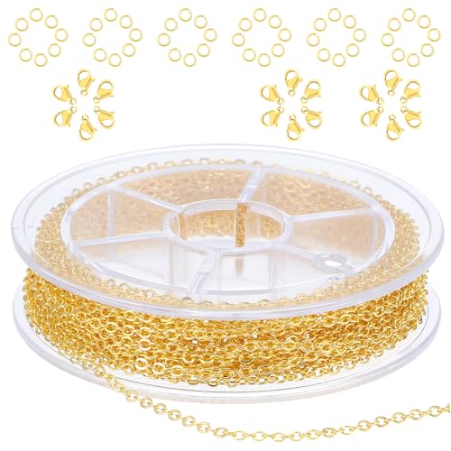 COMNICO 10 m Edelstahl Schmuckkette 1.5 mm Gliederkette Halsketten mit 20 Karabinerverschluss und 50 Sprung Ringe Basteln Zubehör für Schmuckherstellung (Gold) von COMNICO