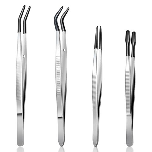 COMNICO 4 Stück Pinzetten-Set mit Gummispitzen Metall-Aufkleber-Pinzette mit Weicher PVC-Beschichtung Gebogen Gerade Flache Spitze Edelstahl Pinzettenwerkzeug für Stempel, Schmuck(Silber) von COMNICO