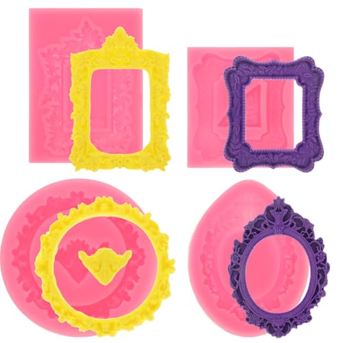 COMNICO Cameo Bilderrahmen Silikonform Fotorahmen, 4 Stück Cameo Bilderrahmen Silikonform Barock Stil Rosa Vintage Rahmenformen DIY Halloween-Dekorationen, Cupcake-Toppern Schokolade und Süßigkeiten von COMNICO