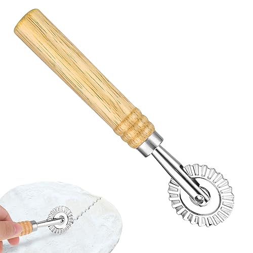 COMNICO Nudelschneider-Rad, Zinklegierung langer Holzgriff Ravioli-Stempelmacher Presse Roll-Rollschneider Pizza-Gebäck-Werkzeuge Formen mit geriffeltem Rand Heimbefestigung Küchenhelfer-Funktionen von COMNICO