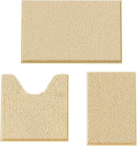 COMPOLICY Badvorleger Set 3-Teilig-Weiches Badematten Set mit Rutschfester, Chenille Saugfähige Badteppiche Set für Badezimmer, Toilette und Dusche-Maschinenwaschbar (Beige) von COMPOLICY