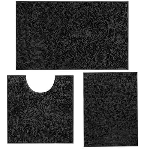 COMPOLICY Badvorleger Set 3-Teilig-Weiches Badematten Set mit Rutschfester, Chenille Saugfähige Badteppiche Set für Badezimmer, Toilette und Dusche-Maschinenwaschbar (Schwarz​) von COMPOLICY