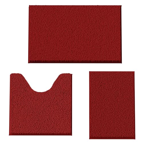 COMPOLICY Badvorleger Set 3-Teilig-Weiches Badematten Set mit Rutschfester, Chenille Saugfähige Badteppiche Set für Badezimmer, Toilette und Dusche-Maschinenwaschbar (Weinrot) von COMPOLICY