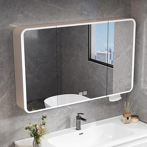 Badezimmer-Spiegelschrank mit 3 Tür, Badezimmerschrank, mit LED-Lichtern, Wandmontage, Aufbewahrungsschrank mit Einlegeboden, für Duschraum (Color : Milk Tea Color) von COMPR