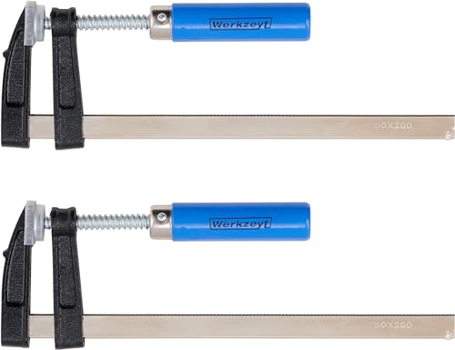 Werkzeyt Schraubzwingen-Set 2-teilig - 200 x 50 mm - blau - Kunststoffbacken - Holzgriff - Verzinkte Spindel mit Trapezgewinde / Spindelkopf mit beweglicher Druckplatte / Bügel mit Stahlguss / B25621 von Werkzeyt