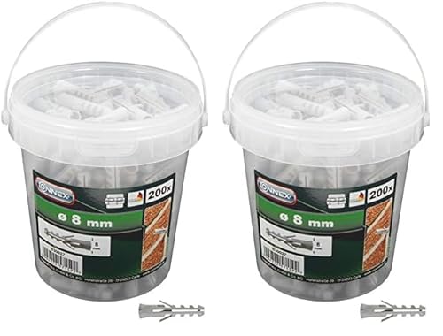 Connex Dübel Ø 8 mm - 200 Stück in praktischem Kunststoff-Eimer - Polypropylen - Für einfache Befestigungsarbeiten in Vollstein & Beton/Dübel-Set im Eimer/Universaldübel / B30027 (Packung mit 2) von CON:P