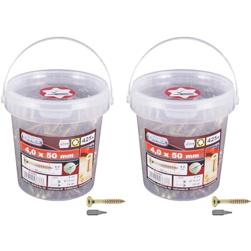 Connex Universalschrauben 4,0 x 50 mm - 425 Stück im Set - Senkkopf - TX-Antrieb - Teilgewinde - Gelb verzinkt - Inkl. Bit/Schrauben-Set/Schrauben-Eimer / B30082 (Packung mit 2) von CON:P