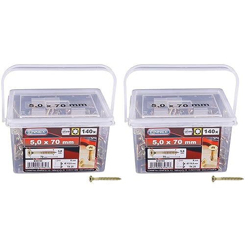 Connex Universalschrauben 5,0 x 70 mm - 160 Stück im Set - Senkkopf - TX-Antrieb - Teilgewinde - Gelb verzinkt/Schrauben-Set/Schrauben-Eimer / B30195 (Packung mit 2) von Connex