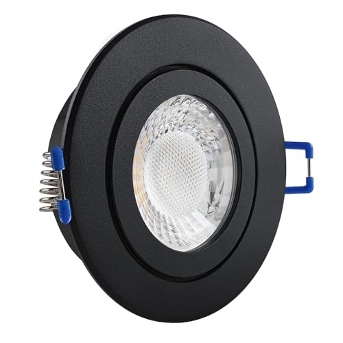 LED Einbaustrahler Feuchtraum IP44 schwarz pulverbeschichtet | rund Echtglas | Lochmaß Ø 60mm - 75mm | geringe Einbautiefe 25mm | Anschlussfertig Farbe 5W LED Modul flach warmweiß COB 230V von CONCEPTRUN