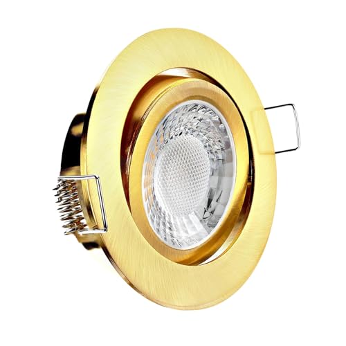 www.conceptrun.de LED Einbaustrahler Gold-Messing gebürstet | rund | 360° schwenkbar | Lochmaß Ø 68mm - 75mm | geringe Einbautiefe 25mm | Anschlussfertig Farbe 5W LED Modul flach warmweiß COB 230V von CONCEPTRUN