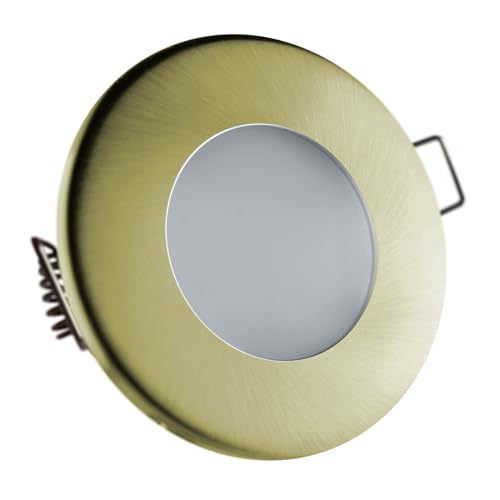 LED Einbaustrahler Feuchtraum IP44 Gold-Messing gebürstet | rund (satiniert) | Lochmaß Ø 68mm - 75mm | Einbautiefe 64mm | Anschlussfertig mit GU10 230V Fassung Farbe 7W LED dimmbar warmweiß GU10 230V von CONCEPTRUN