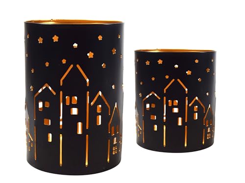 2 x Windlicht mit Häuserreihe | schwarz Gold | Laterne Herbst Winter | 10-15 cm von CONCORD HOME & INTERIOR