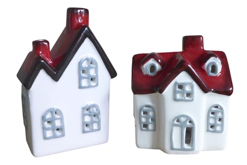 2er Windlicht Haus weiß rot | Häuschen Steingut Weihnachtshaus Winterdeko | 13 cm von CONCORD HOME & INTERIOR