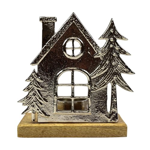 Teelichthalter Haus mit Tannenbäumen | Aluminium und Holz | Halter Metall | 13 cm von CONCORD HOME & INTERIOR