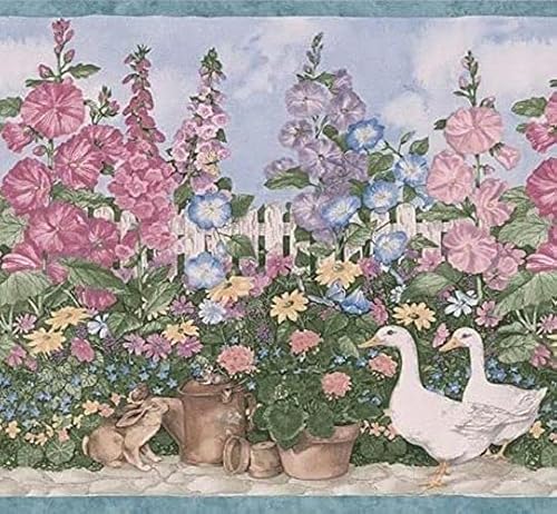 CONCORD WALLCOVERINGS ™ Tapete Bordüre Garten Muster Blumen Enten für Cottage Bauernhaus Küche Grün Blau Weiß Rosa 4,5 m x 17,8 cm DesSMB5236 von CONCORD WALLCOVERINGS