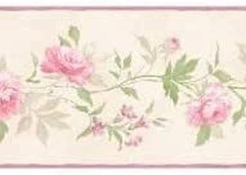 CONCORD WALLCOVERINGS ™ Tapetenbordüre Blumenmuster Blumen Blätter für Wohnzimmer Schlafzimmer Essbereich, Creme Pink Grün, 4,5 m x 12,7 cm PP79452 von CONCORD WALLCOVERINGS