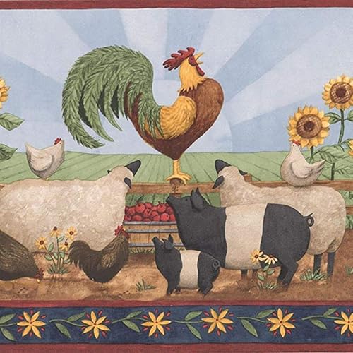 CONCORD WALLCOVERINGS ™ Tapetenbordüre Vintage Landhaus Muster Bauernhof Tiere Kuh Schwein Teppich Huhn Hahn Sonnenblumen für Cottage Essbereich, mehrfarbig, 25,4 cm x 4,1 m KR2532B von CONCORD WALLCOVERINGS