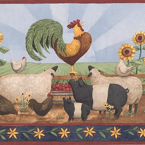 CONCORD WALLCOVERINGS ™ Tapetenbordüre Vintage Landhaus Muster Bauernhof Tiere Kuh Schwein Teppich Huhn Hahn Sonnenblumen für Cottage Essbereich, mehrfarbig, 25,4 cm x 4,1 m KR2532B von CONCORD WALLCOVERINGS ™