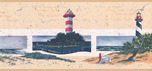 CONCORD WALLCOVERINGS Thematische nautische Tapetenbordüre mit Meeresküsten-Leuchttürmen und Muskoka-Stuhl, Farben: Beige, Grau, Blau, Rot, Größe 22,9 x 4,1 m KR2581B von CONCORD WALLCOVERINGS