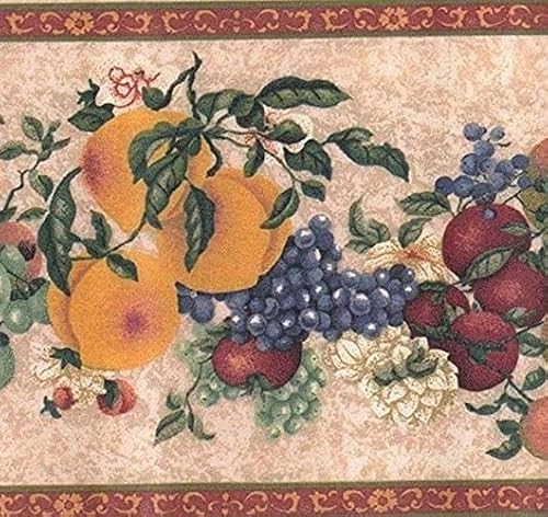 Concord 74295L Tapetenbordüre Früchte Muster Pfirsiche Trauben Äpfel Blumen für Küche Rot Rosa Orange Beige Grün Gelb 22,9 cm x 4,5 m von CONCORD WALLCOVERINGS