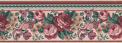 Concord Wallcoverings FR852B Klassische Tapetenbordüre mit rosa roten Rosen und grünen Blättern auf beigem Hintergrund, Größe 17,8 cm x 4,5 m von CONCORD WALLCOVERINGS ™