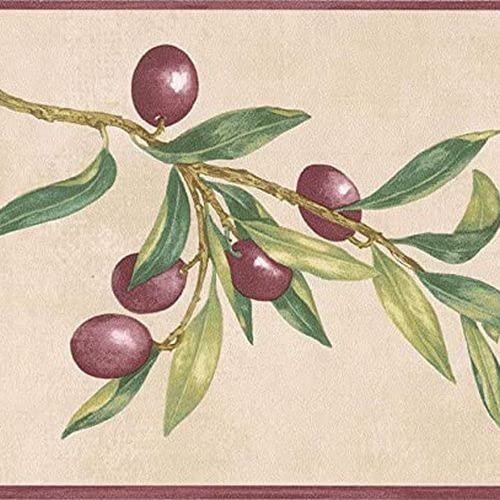 CONCORD WALLCOVERINGS ™ Klassische Olivenzweige Tapetenbordüre mit Olivenpflanzen auf beigem Hintergrund, Farben: Violett und Grün, Größe 13 cm x 4,5 m, KC78043 von CONCORD WALLCOVERINGS