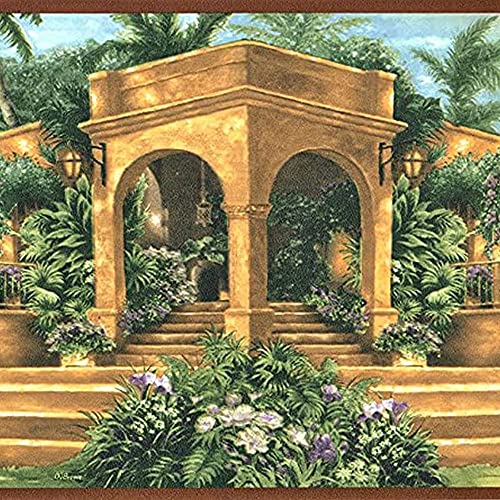 Concord Wallcoverings Tapete, Bordüre, mediterranes Vintage-Muster, Villa Treppenbogen, Garten für Wohnzimmer, Grün, Blau, Lila, Hellbraun, Gold, 22,9 cm x 4,5 m, SP76473LL von CONCORD WALLCOVERINGS