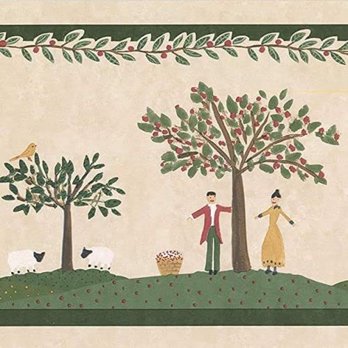 Concord Wallcoverings Tapetenbordüre Landhausgarten Muster primitives Design Bäume Früchte Vögel Tiere Menschen Dornwände für Landhaus Bauernhaus Blau Creme Braun Grün Rot 20,3 cm x 4,5 m CS536B von CONCORD WALLCOVERINGS ™