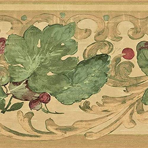 Concord Wallcoverings Tapetenbordüre Vintage Rankenmuster Blätter Beeren für Küche Bauernhaus Landhaus, Farben Grün Hellbraun Gold Dunkelrot, Größe 17,8 cm x 4,5 m FFB2581 von CONCORD WALLCOVERINGS