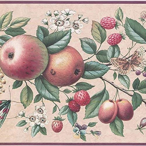 Concord Wallcoverings Tapetenbordüre mit Rankenmuster für den Garten, Obst, Blumen, Äpfel, Birnen, Erdbeeren, Blätter, Beige, Gelb, Rot, Lila, Grün, 17,8 cm x 4,5 m, UL105043 von CONCORD WALLCOVERINGS