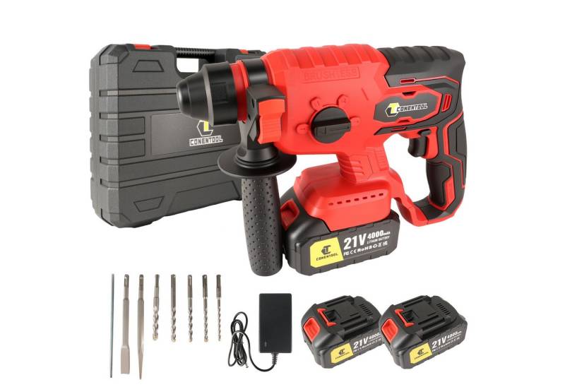 CONENTOOL Akku-Bohrhammer Bürstenloser SDS-Plus Schlagbohrhammer, (Set, 9-tlg., Zusatzhandgriff, Tiefenmessgerät, Bohrer), mit 2x Akku 4 in 1 Funktionen für Profis und Heimwerker von CONENTOOL
