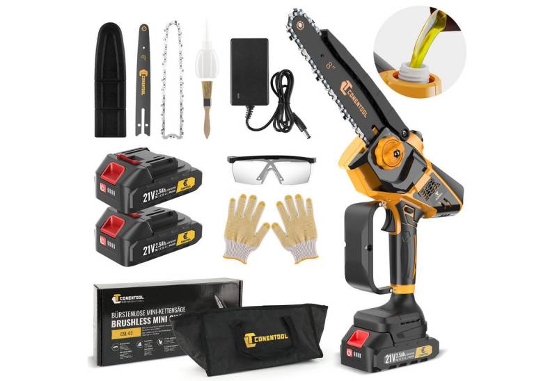 CONENTOOL Akku-Kettensäge 8 Zoll + 6 Zoll 2-in-1 Sägeblätter, Bürstenloser Motor, 20 cm Schwertlänge, mit 2×21V/2,5Ah Akku, Mehrfacher Sicherheitsschutz, für Garten Holz und Astscheren von CONENTOOL