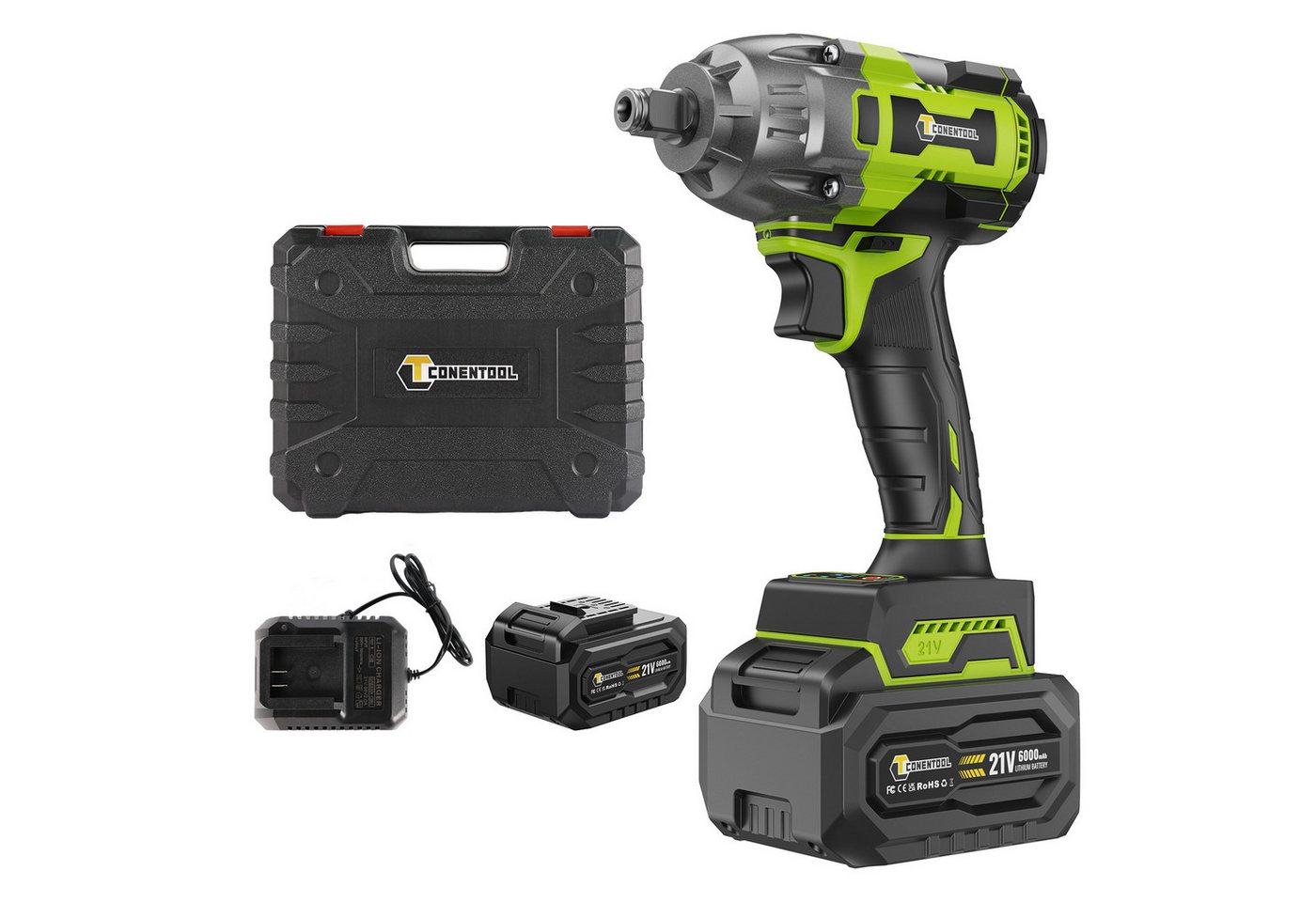 CONENTOOL Akku-Schlagschrauber 21V, 3300,00 U/min, 520,00 Nm, (Set, 7-tlg., Bit-Set, 6,0Ah Akku und Schnellladegerät), 2-in-1 Akkuschrauber, Bürstenloser von CONENTOOL