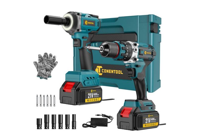 CONENTOOL Akku-Schlagschrauber Akkuschrauber und Schlagschrauber Set Werkzeugkoffer, (Set, 17-tlg), Mit 2x 4000 mAh Akkus, Ladegerät von CONENTOOL