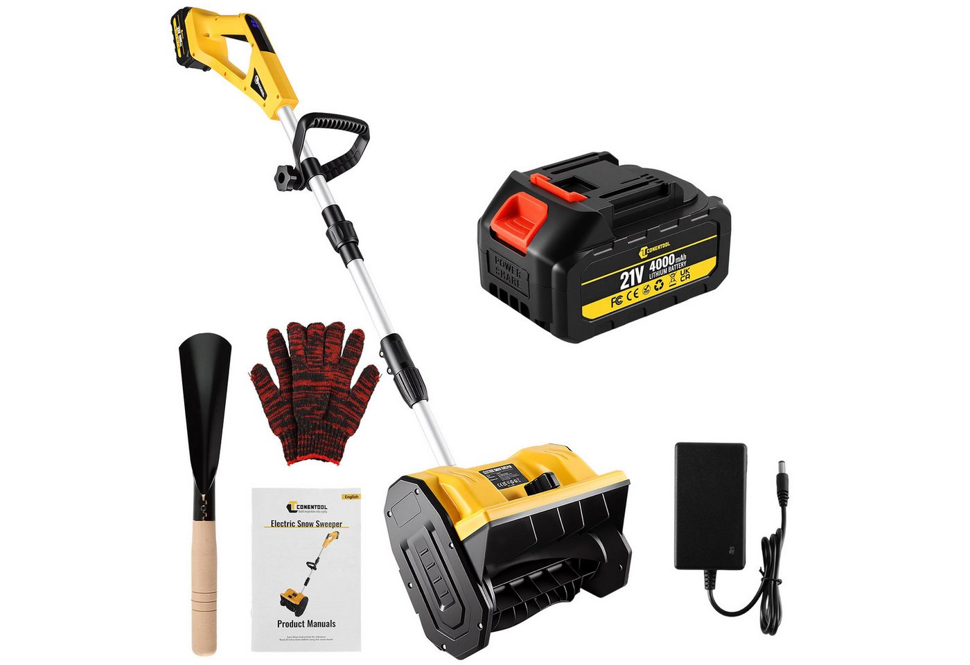 CONENTOOL Akku-Schneefräse Tragbare Elektrische Schneefräse, 28 cm Arbeitsbreite, 8m Wurfweite, Verstellbare Stange & 4000mAh von CONENTOOL