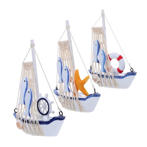 CONGARTENO 3 Stück Teiliges Handgeschnitztes Holz Segelboot Modell mit Rettungsring Steuerruder Nautische Vintage Deko für Tisch Wohnzimmer von CONGARTENO