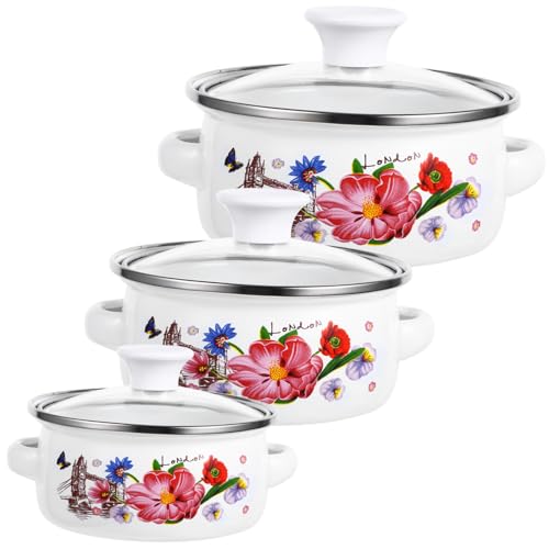 CONGARTENO 3 Stück Teiliges Mini Emaille Suppentopf Flacher Boden Vielseitiger Kleiner Kochtopf mit Doppelgriffen Leicht und Flexibel für Suppe Milch Nudeln Attraktives Blumenmuster Einfache CONGARTENO 3 Stück Teiliges Mini Emaille Suppentopf Flacher Boden Vielseitiger Kleiner Kochtopf mit Doppelgriffen Leicht und Flexibel für Suppe Milch Nudeln Attraktives Blumenmuster Einfache von CONGARTENO