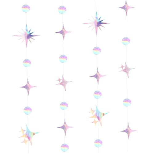 CONGARTENO 4 Stück Teiliges Girlanden Bunte Irideszente Kreppband Partydeko mit Stern Kreis und Punktmotiven Lang Einfache Hängung für Geburtstags Hochzeits und Neujahrsfeiern von CONGARTENO