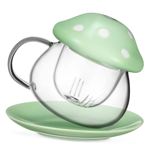 CONGARTENO Keramik Teetasse mit Siebeinsatz und Untersetzer Kleine Grüne Pilztasse für Zuhause und Büro Geeignet zum Aufbrühen von Kräuter Früchtetee Inklusive Praktischem Deckel für von CONGARTENO