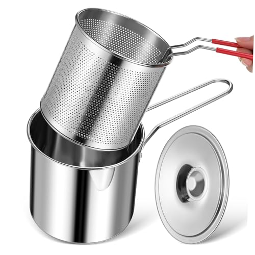 CONGARTENO Mini Fritteusen Set Edelstahlsieb Kleiner Topf Mit Deckel Multifunktionaler Fritteusentopf Edelstahlfritteuse Edelstahl Öl Frittierkorb Ölbehälter Vorratstopf von CONGARTENO