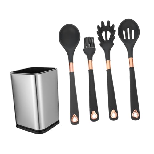 CONGARTENO Teiliges Silikon Kochlöffel mit Edelstahlbehälter Hitzebeständig Spülmaschinenfest Inklusive Öl pinsel Nudelsieb und Löffel Langlebig Ergonomisch Praktische Aufbewahrung für Küche von CONGARTENO