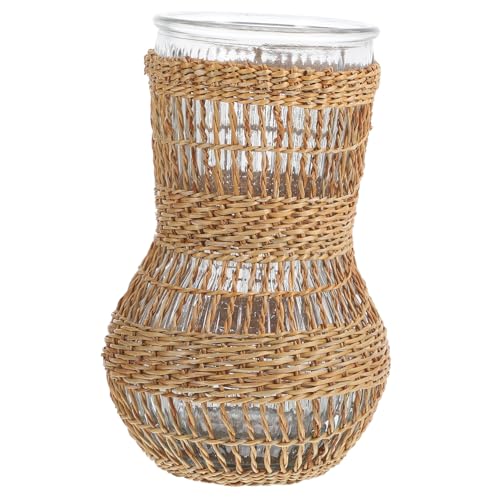 CONGARTENO Wunderschöne Handgewebte Rattan Vase aus Glas Rustikaler Desktop Blumentopf Natürliche Dekoration für Büro Balkon Wohnzimmer Langlebige und Stilvolle Blumenarrangement Vase von CONGARTENO