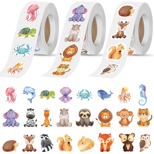 CONJURAIDE 1500 Stück Sticker Tiere, Runde Aufkleber Kinder Tiersticker Wasserdicht Selbstklebende Sticker Motivations Aufkleber Tieraufkleber Grundschule Lehrerbedarf für Schule Kinder von CONJURAIDE