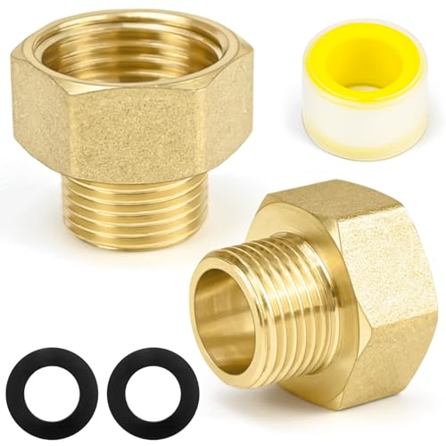 CONJURAIDE 2 Stück Reduzierung 1/2 auf 3/8, Messing Reduziernippel Reduzierstück 1/2 auf 3/8 Hahnverlängerung Adapter 3/8 auf 1/2 Zoll Verlängerung mit Dichtungsband und Dichtring für Wasserleitungen von CONJURAIDE
